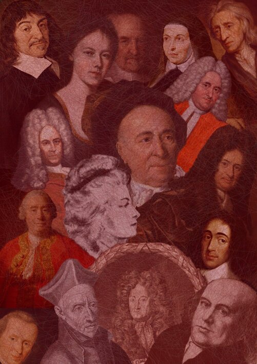 Dravings of the early philosophers on red background