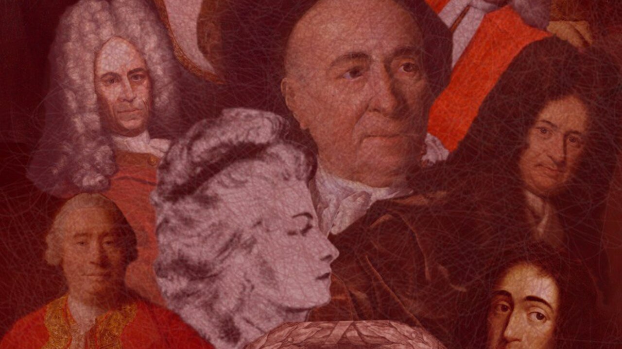 Dravings of the early philosophers on red background