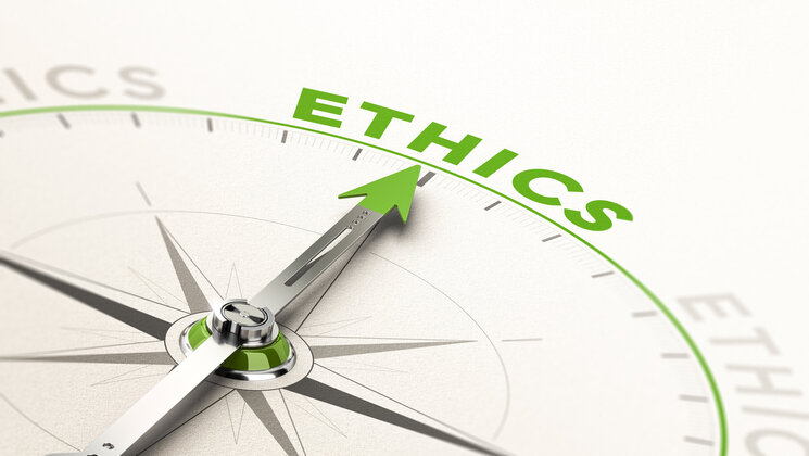 Kompassi osuti, mis näitab sõna ethics peale.