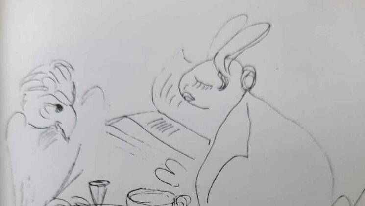 Juri Lotmani visand, kus ta ise on kujutatud kotkana ja tema abikaasa jänesena laua taga, kus pits ja kohvitass ning jänesel käes raamat.