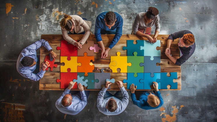 People around the table putting together big puzzle pieces