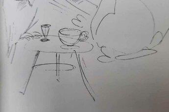 Juri Lotmani visand, kus ta ise on kujutatud kotkana ja tema abikaasa jänesena laua taga, kus pits ja kohvitass ning jänesel käes raamat.